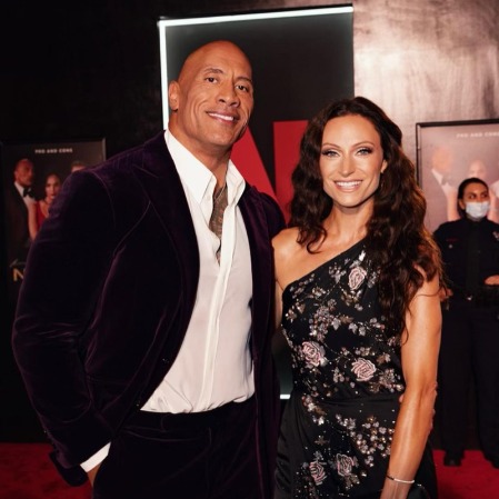 Lauren Hashian and Dwyane Johnson at the premiere of Red Notice. 